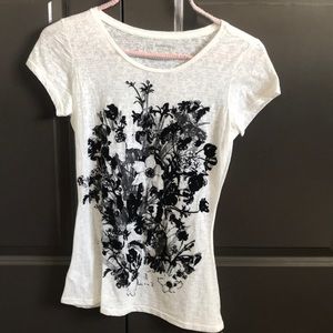 Sheer white and black flower top